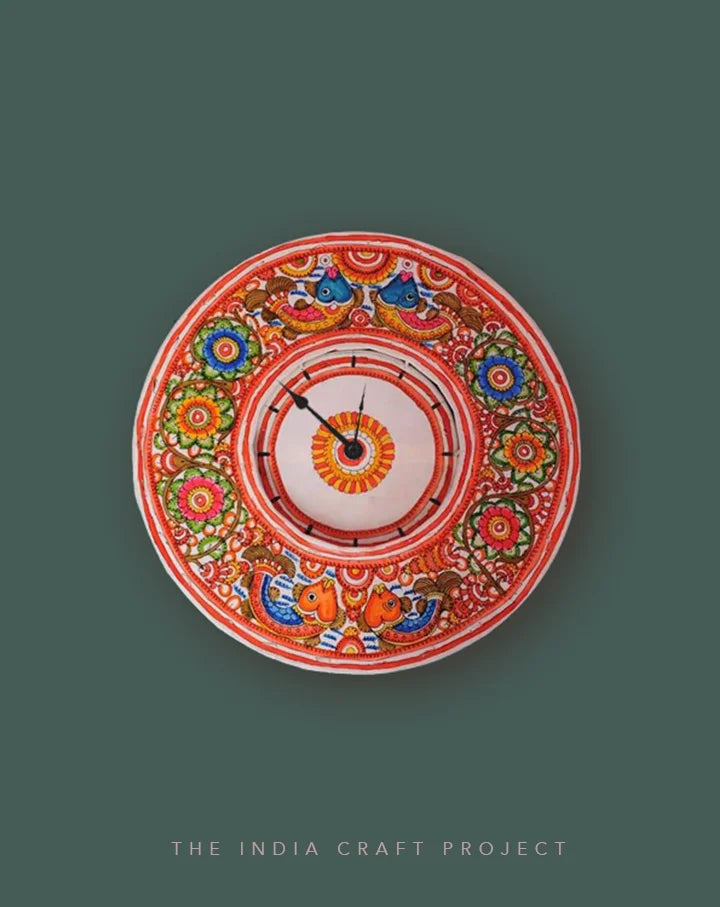 Samudra Bageecha hand-painted Tholu wall clock with intricate ocean-inspired floral motifs, perfect for artistic interiors