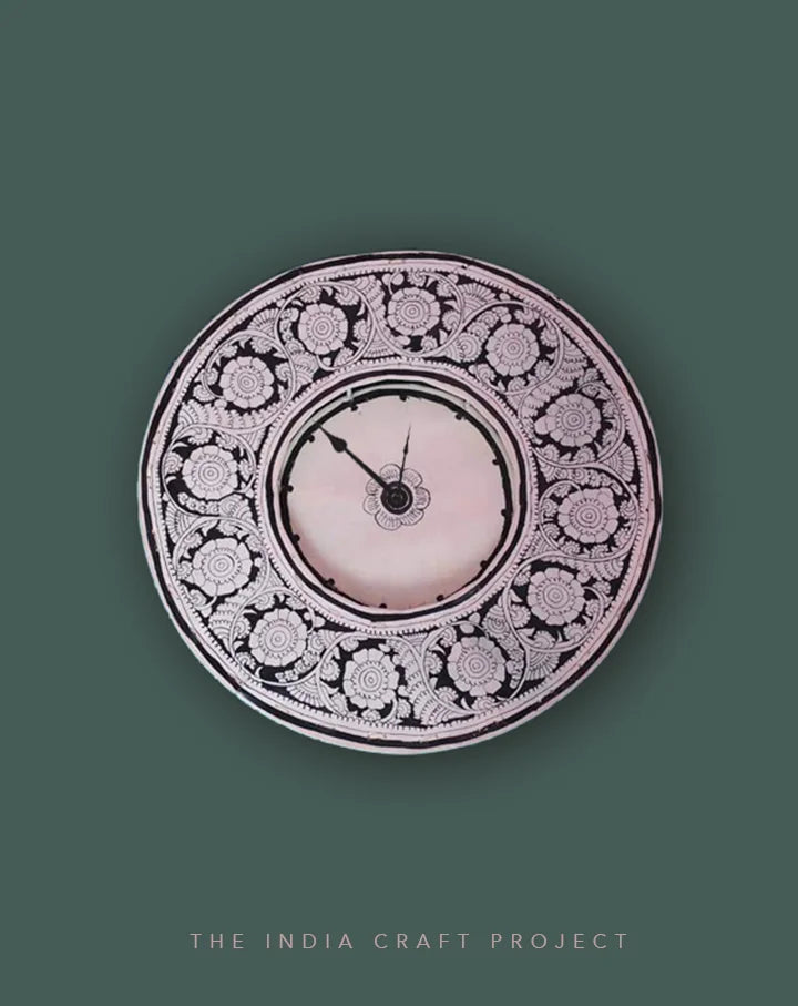 Black & White Bageecha hand-painted Tholu wall clock with monochromatic floral motifs for a sophisticated look