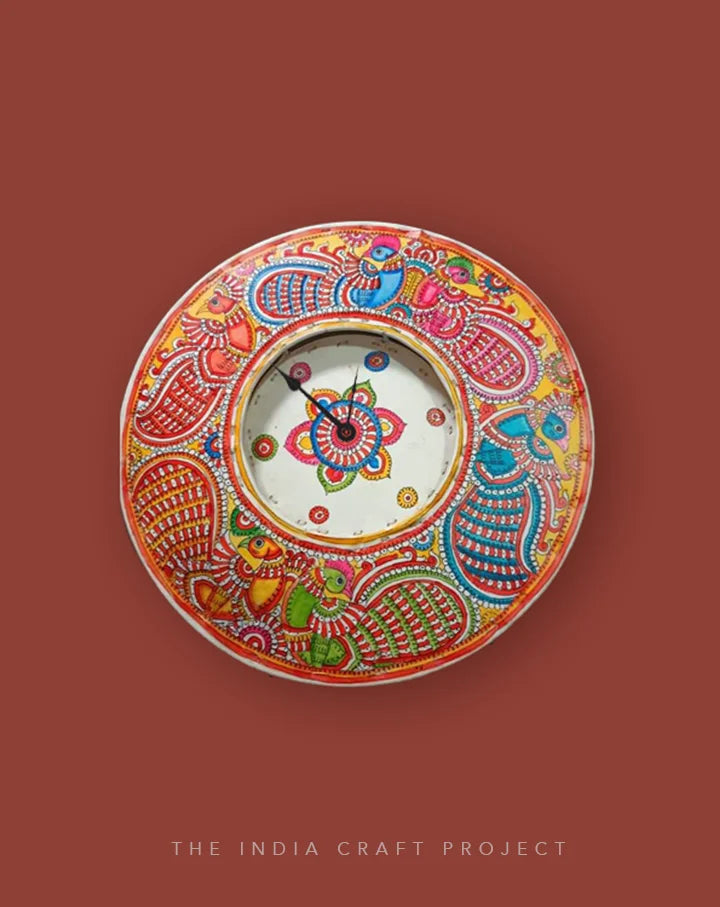 Mor Bageecha hand-painted Tholu wall clock with a peacock and garden motif, a stunning handcrafted decor item