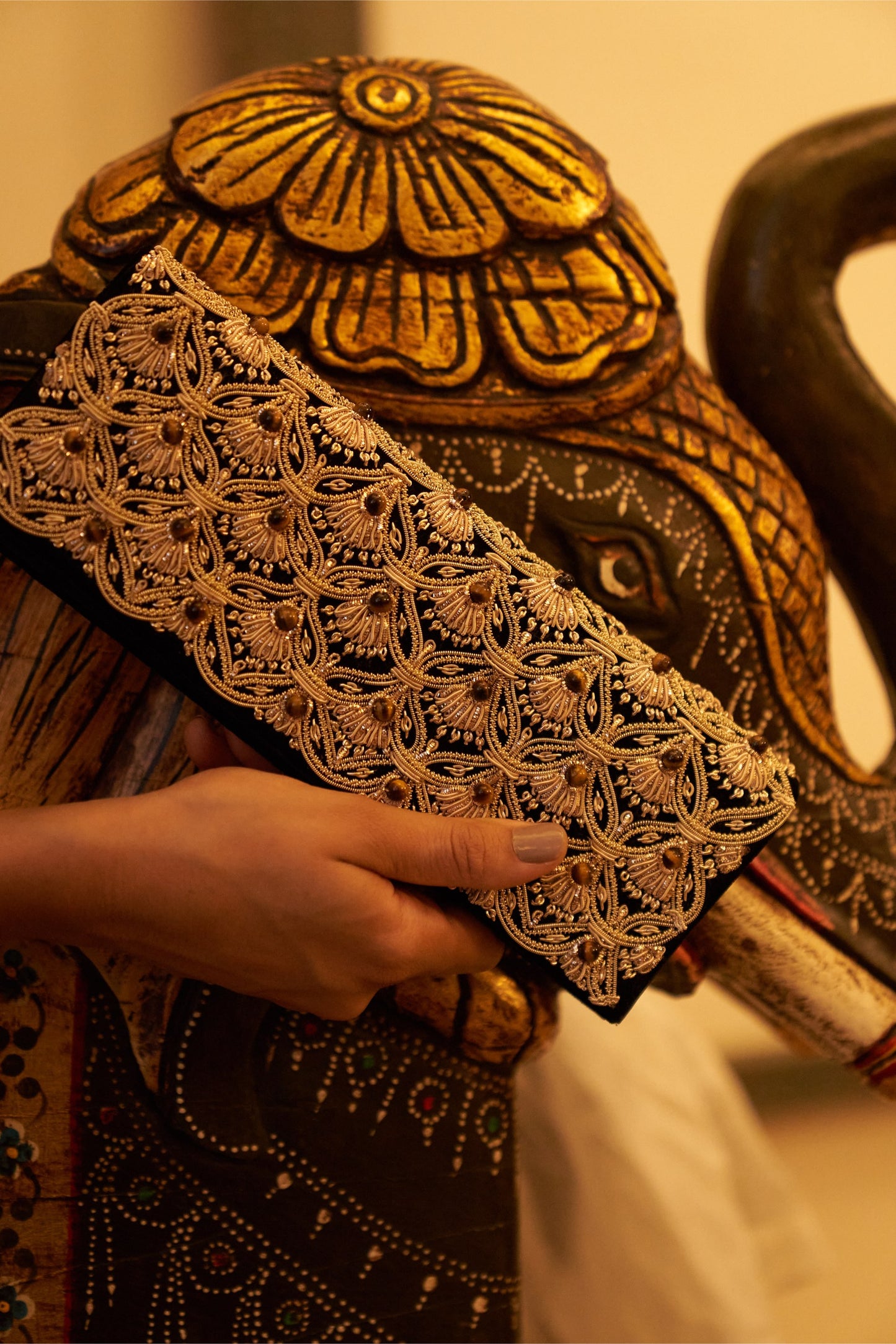 Jhoomar Zardozi clutch purse with intricate gold embroidery and handcrafted details, perfect as an elegant evening bag