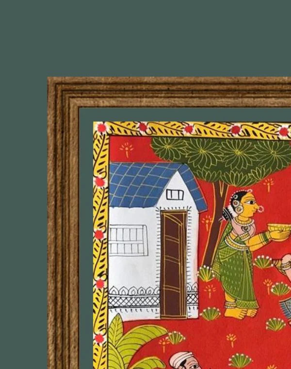 Din Charya Cheriyal painting depicting vibrant scenes of daily life with intricate traditional detailing