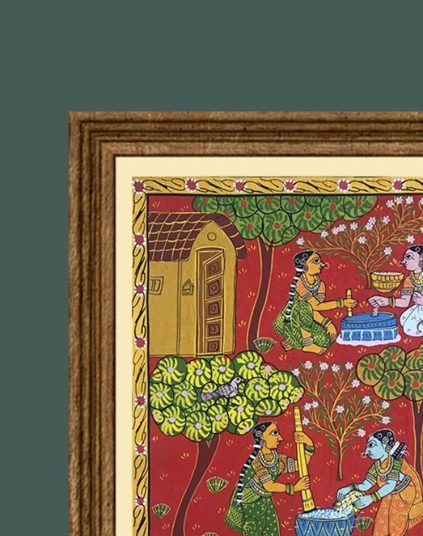 Hariyali Cheriyal painting with lush green motifs, capturing the essence of nature in traditional art