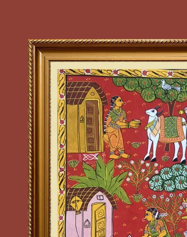 Gharelu Cheriyal painting illustrating domestic life through intricate hand-painted designs