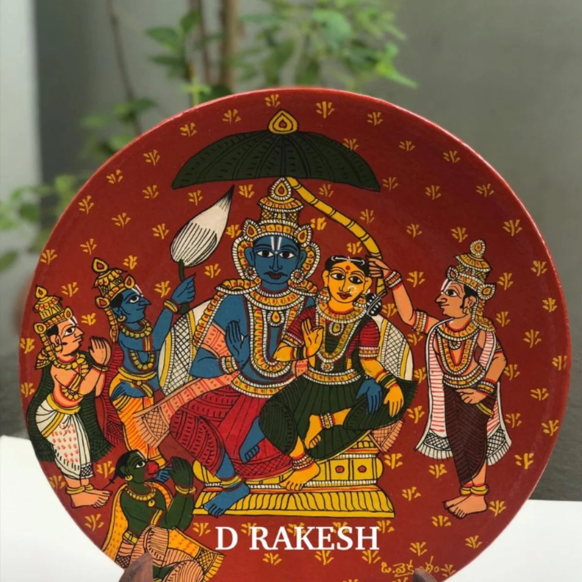 Laxmi Narayan hand-painted plate depicting the deities with intricate traditional Cheriyal artistry
