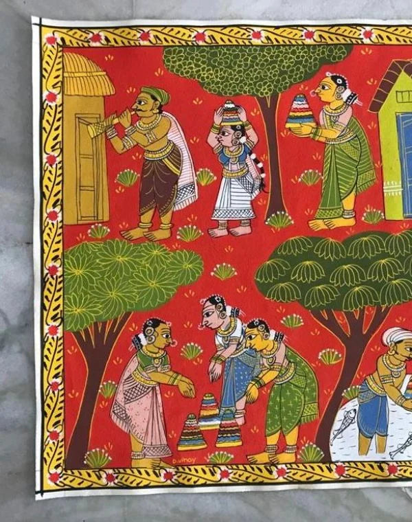 Roz Cheriyal painting with intricate patterns and storytelling elements in vivid traditional colors
