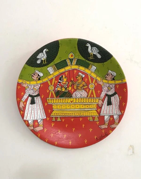 Milap Cheriyal hand-painted plate showcasing a vibrant scene of union with exquisite traditional details