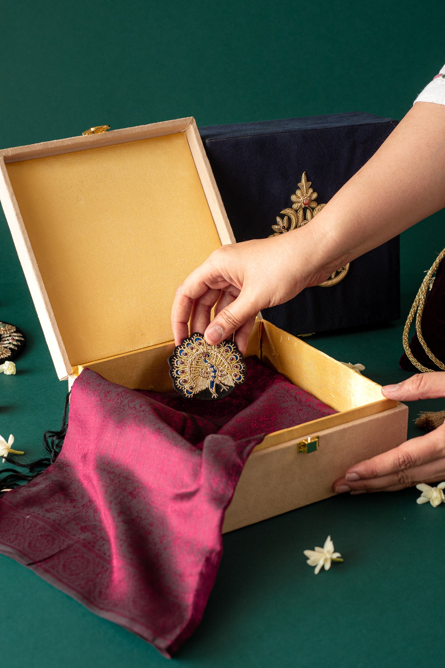 Mor unisex Zardozi brooch featuring intricate handcrafted embroidery, a versatile and stylish accessory