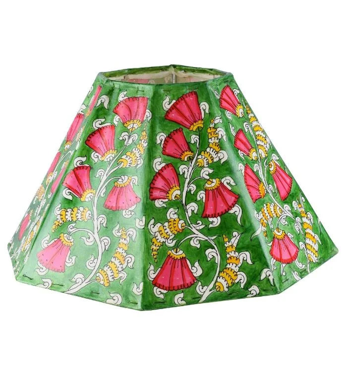Phulwari hand-painted Tholu lampshade with rich floral designs, creating a warm and inviting atmosphere