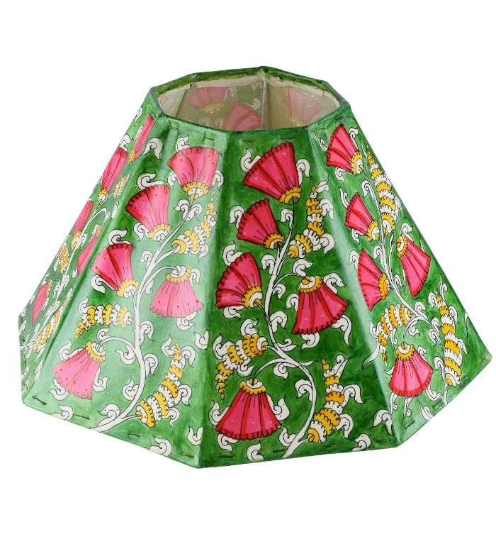 Phulwari hand-painted Tholu lampshade with rich floral designs, creating a warm and inviting atmosphere