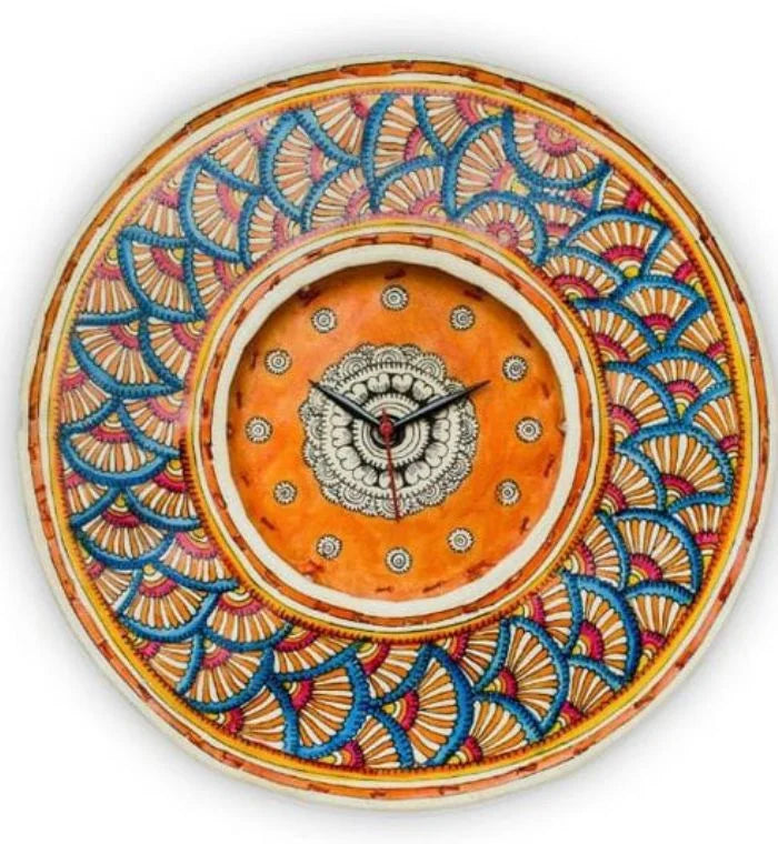 Yellow Flower hand-painted Tholu wall clock featuring bright floral motifs, bringing a cheerful touch to your space