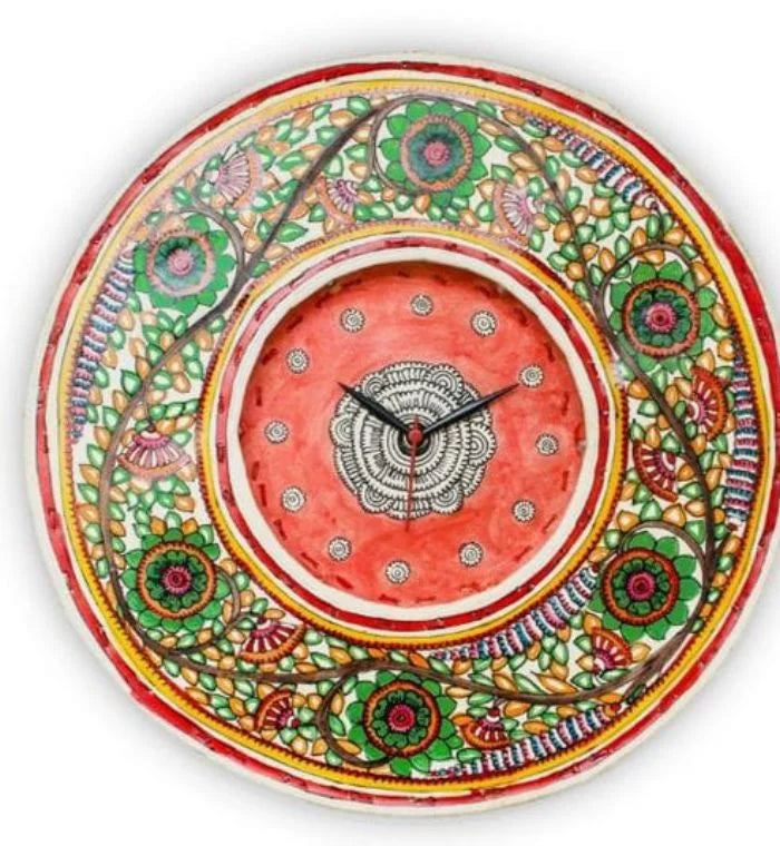 Green Flower hand-painted Tholu wall clock featuring vivid green floral motifs, perfect for nature-inspired decor
