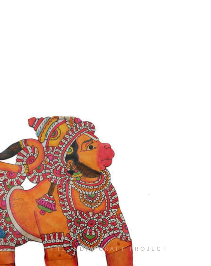 Hanumanta hand-painted Tholu puppet with vibrant traditional designs, showcasing the artistry of Tholu craftsmanship