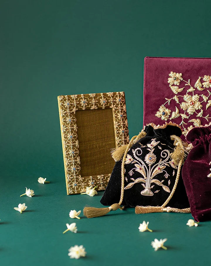 Kusum Zardozi photo frame with delicate gold embroidery, adding handcrafted elegance to home decor