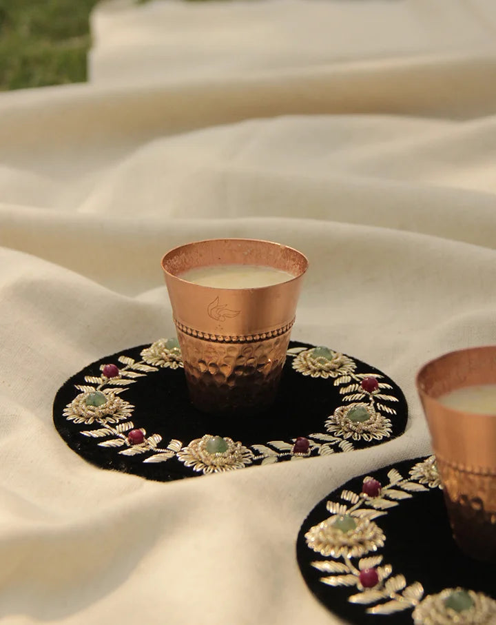 Parv festive gift box with copper shot glasses and coasters, a handcrafted set for elegant celebrations