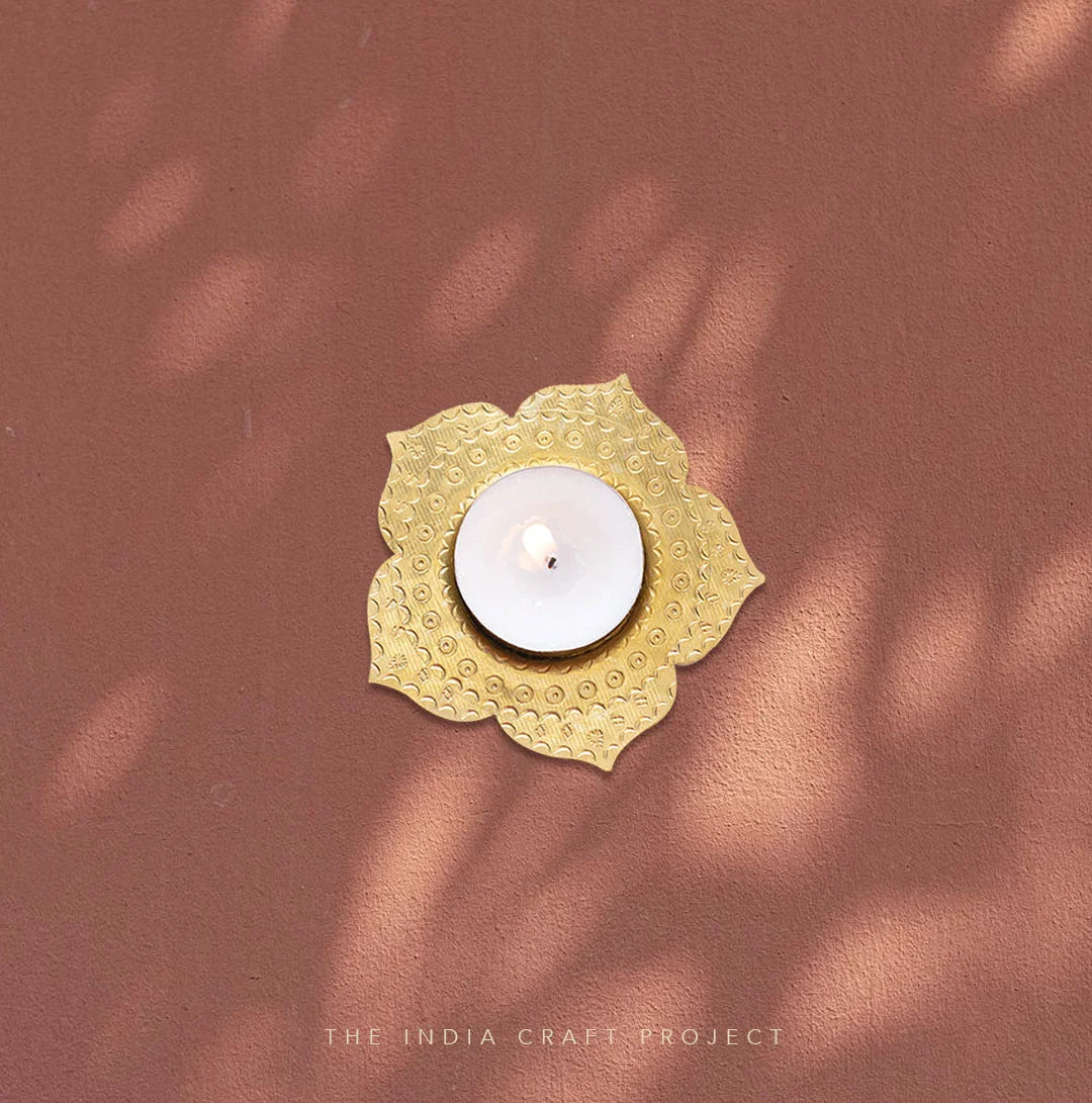 Phool brass diya and tealight holders, set of 2, with hand-stamped designs for an elegant touch