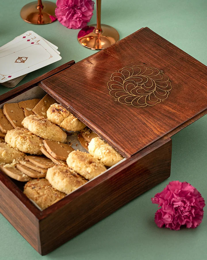 Phool Tarkashi sliding wooden box with intricate handcrafted details, offering elegant storage