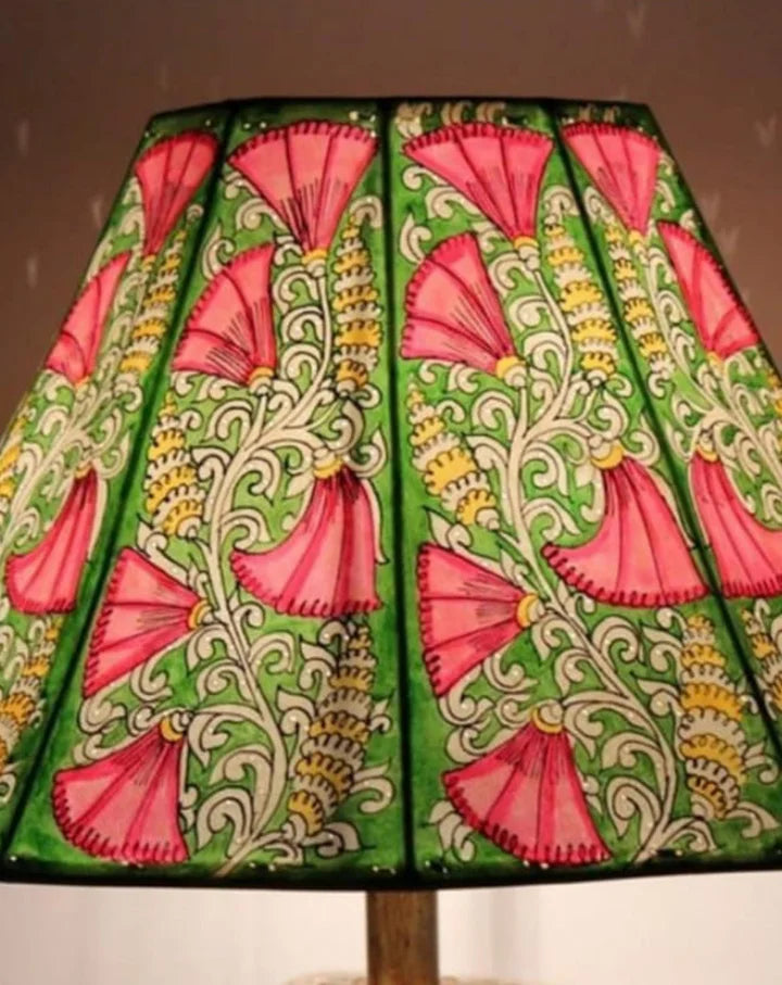 Phulwari hand-painted Tholu lampshade with rich floral designs, creating a warm and inviting atmosphere