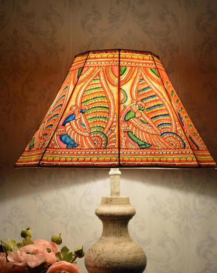 Mor hand-painted Tholu lampshade featuring a vibrant peacock design, perfect for elegant and colorful lighting
