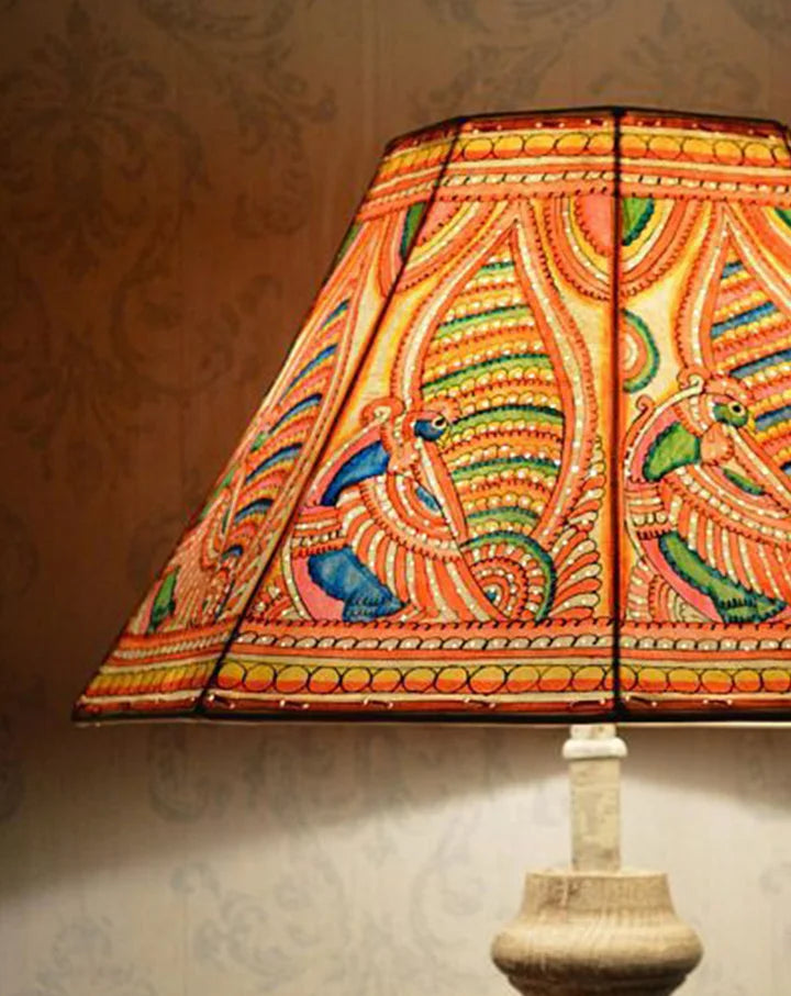 Mor hand-painted Tholu lampshade featuring a vibrant peacock design, perfect for elegant and colorful lighting