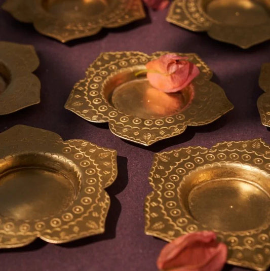 Phool brass diya and tea light holders, set of 2, with hand-stamped detailing for a refined look