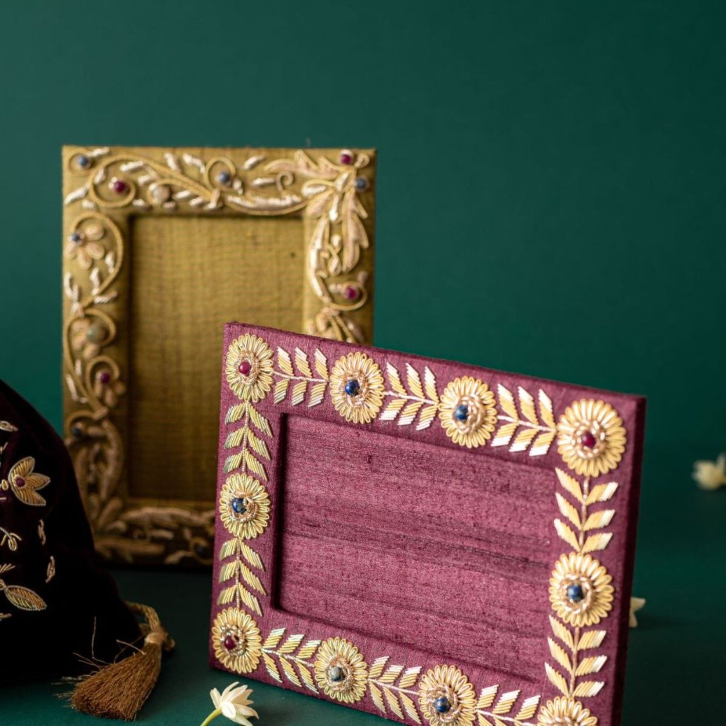 Bel Green Zardozi photo frame featuring elegant handcrafted embroidery with intricate gold and silver threadwork, accentuated by delicate bead and sequin details. A sophisticated decor piece perfect for displaying cherished memories in a luxurious setting.