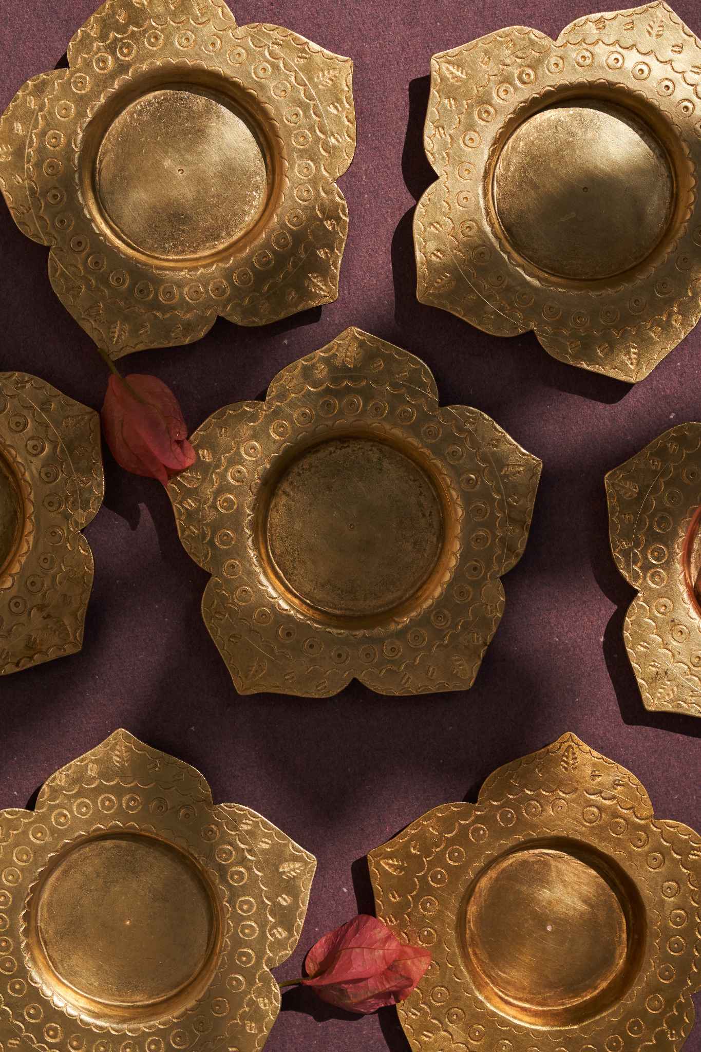 Phool brass diya and tealight holders, set of 2, with hand-stamped designs for an elegant touch