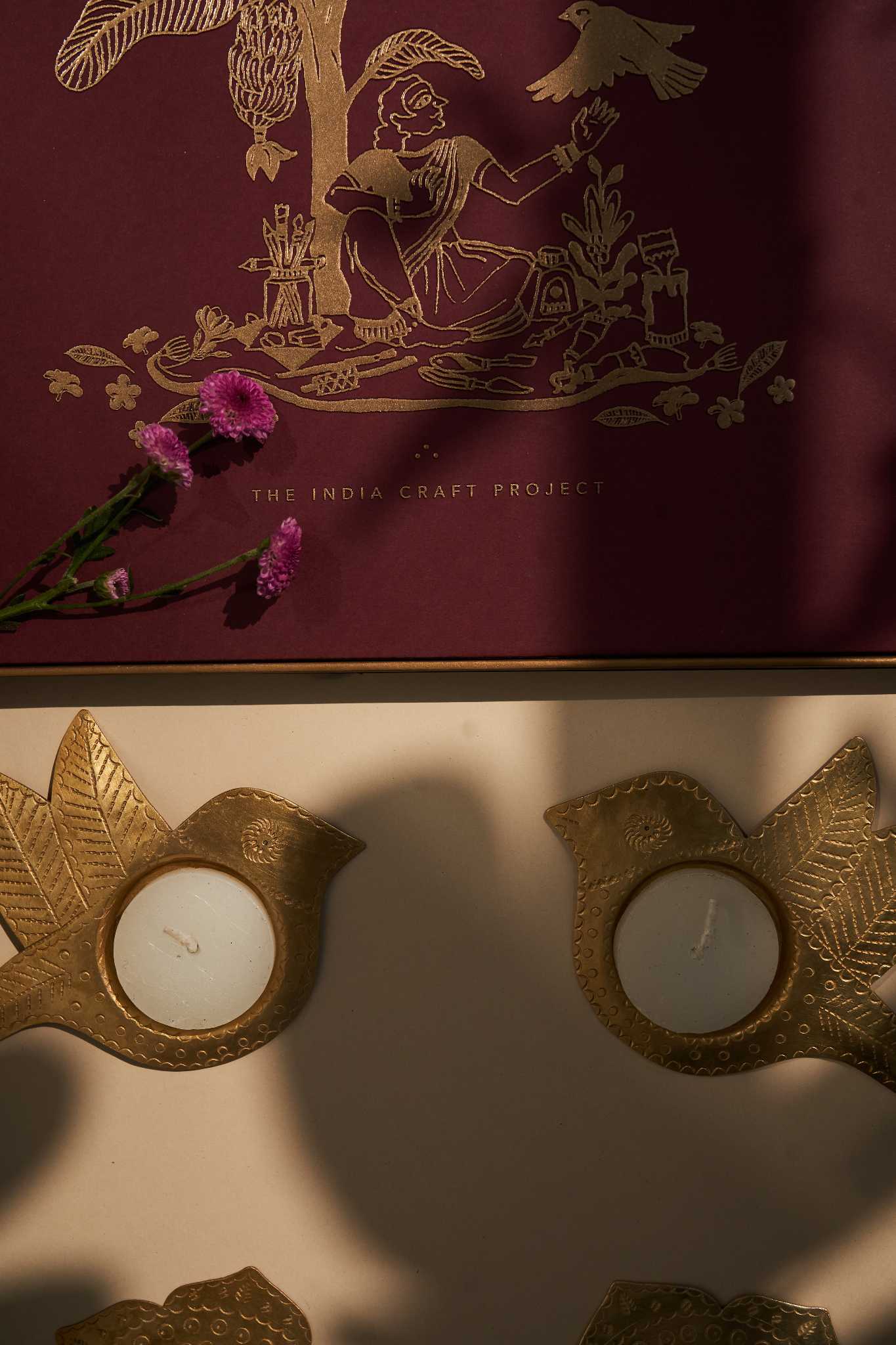 Chidiya Aarna gift box with handcrafted brass tealight holders, a thoughtful and elegant gift set
