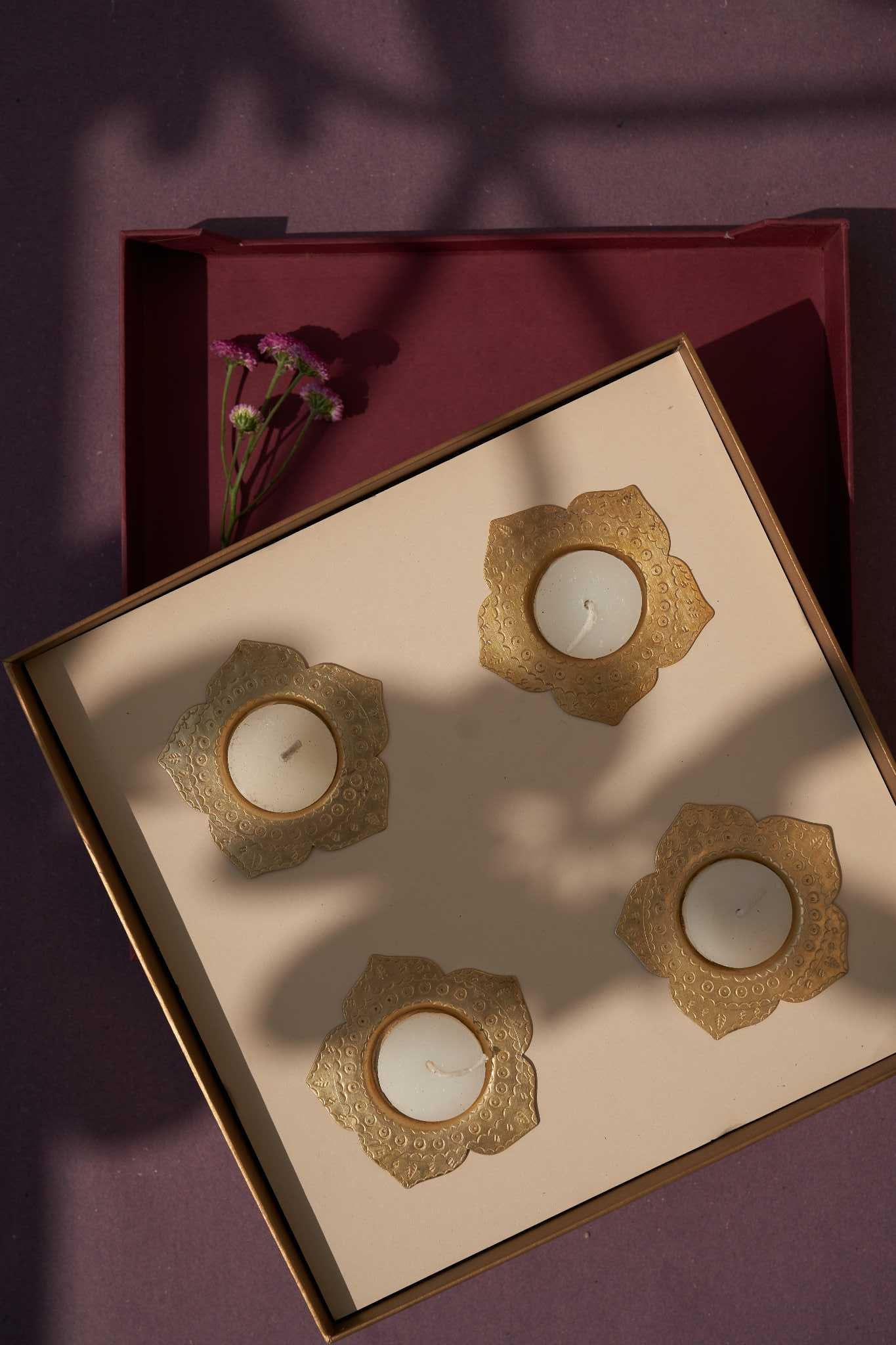 Chidiya Aarna gift box with handcrafted brass tealight holders, a thoughtful and elegant gift set