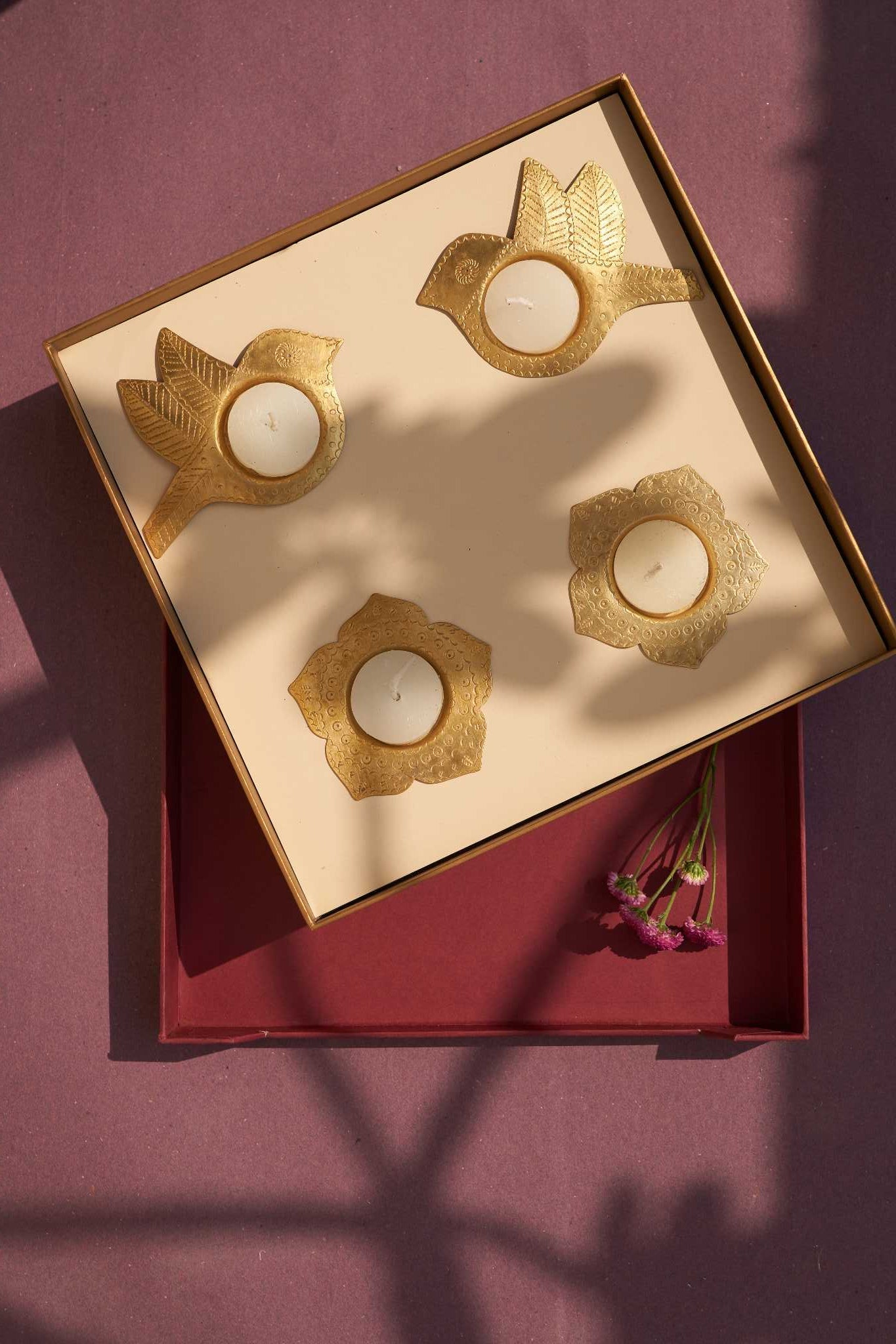 Phool Aarna gift box featuring handcrafted Zardozi and brass tea light holders, a perfect festive decor set