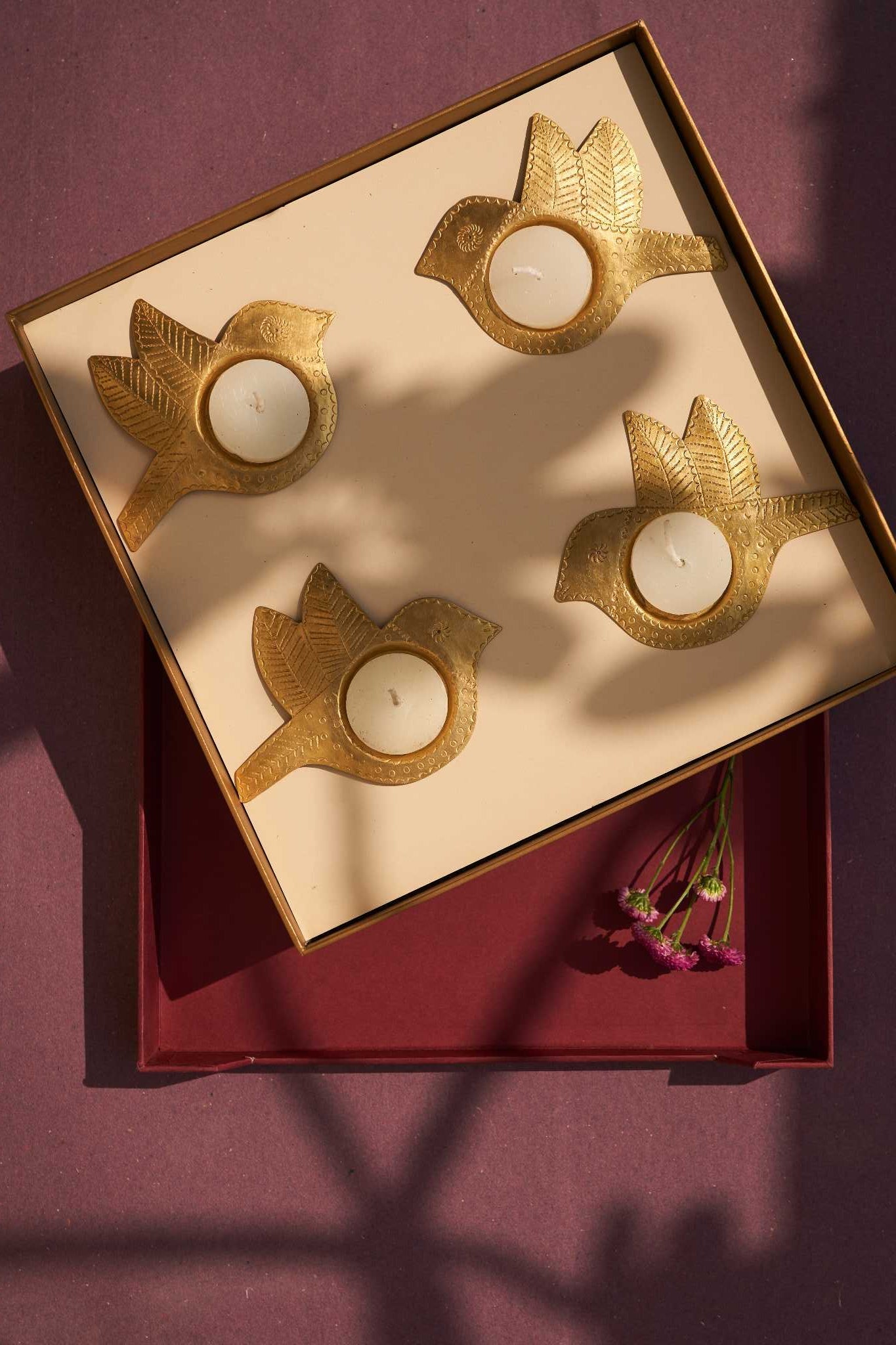 Phool Aarna gift box featuring handcrafted Zardozi and brass tea light holders, a perfect festive decor set