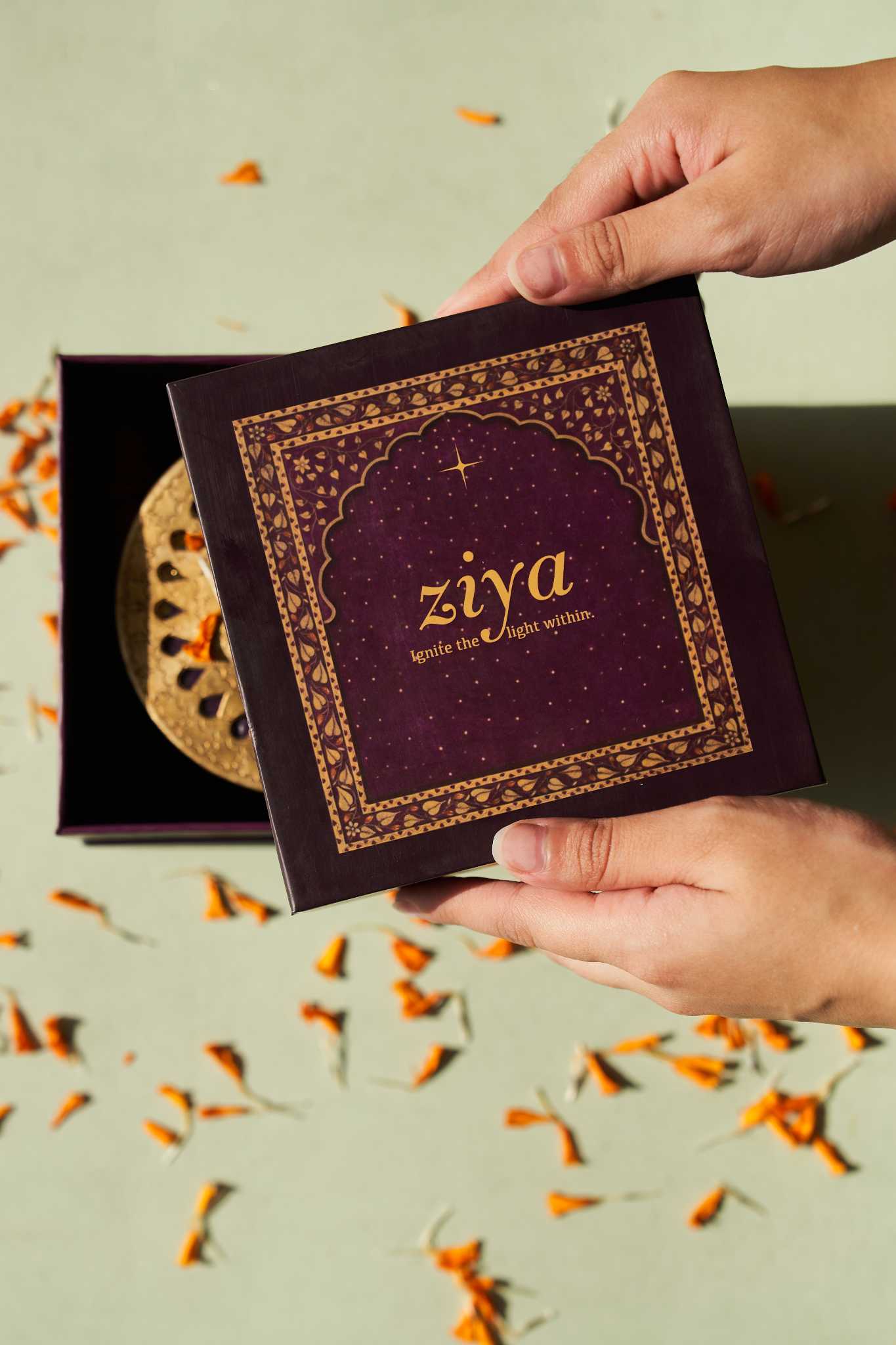 Ziya brass dibbi, a handcrafted luxury storage box with elegant detailing