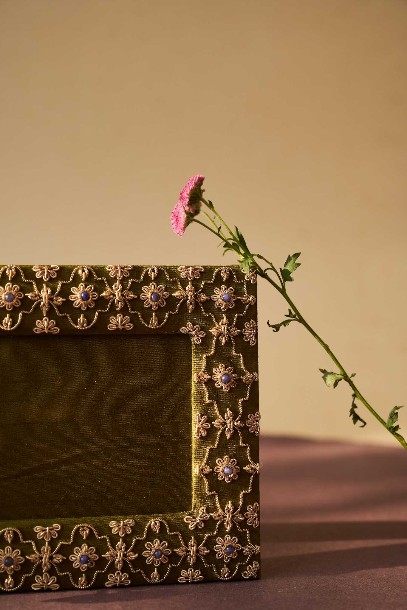 Kusum Zardozi photo frame with delicate gold embroidery, adding handcrafted elegance to home decor