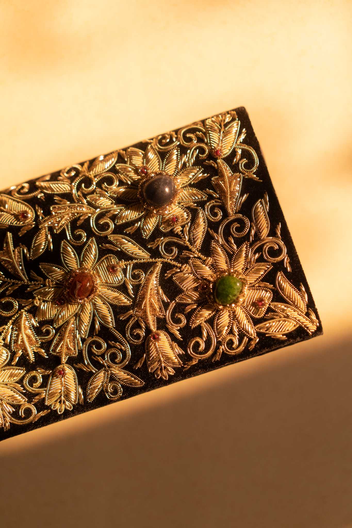 Kamal Zardozi sling purse with intricate gold embroidery, a handcrafted and elegant accessory for special occasions