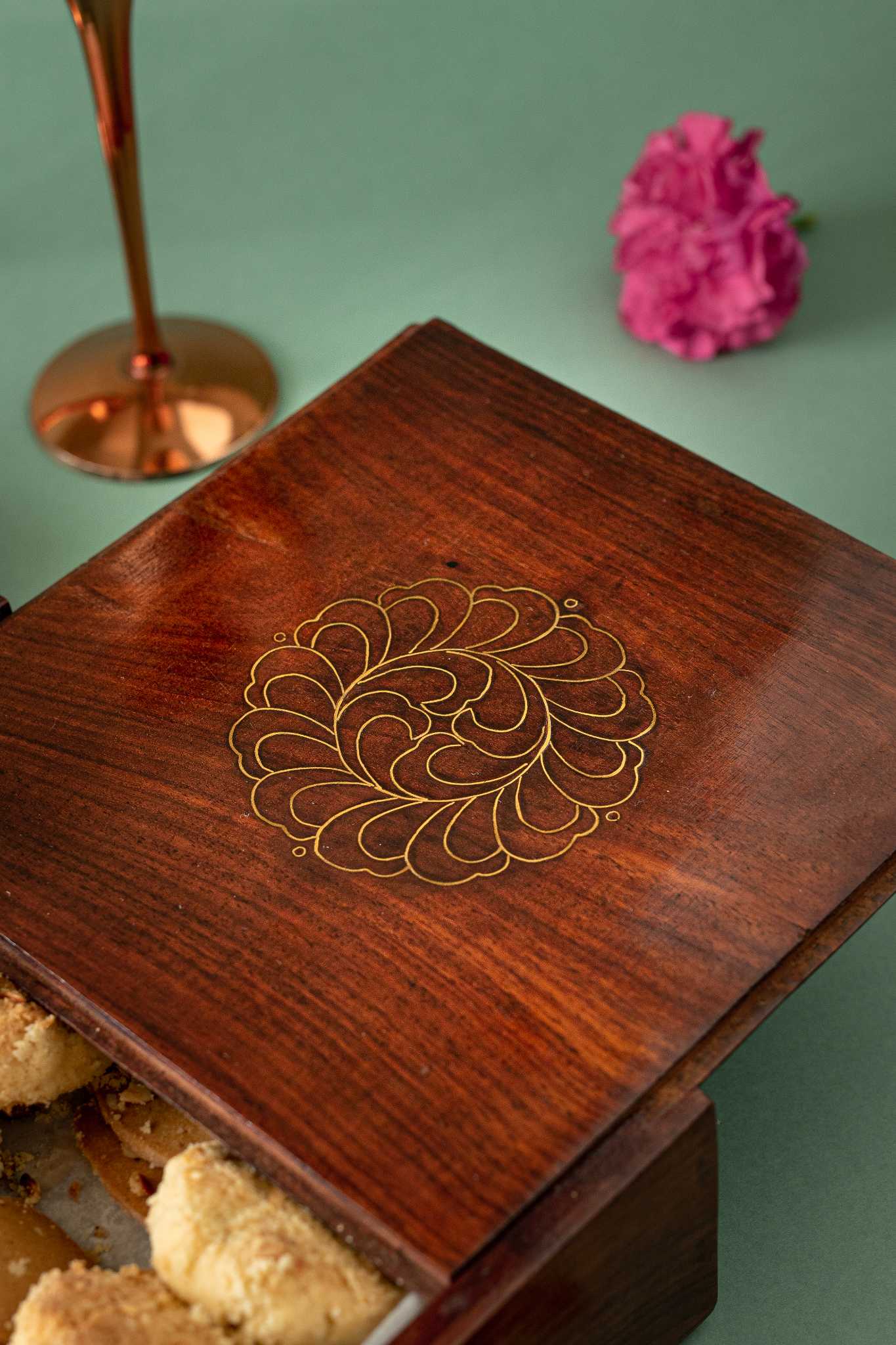 Phool Tarkashi sliding wooden box with intricate handcrafted details, offering elegant storage