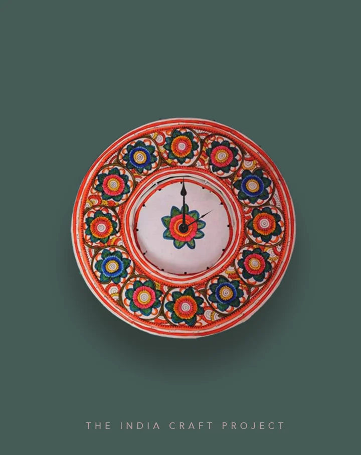 Bageecha hand-painted Tholu wall clock featuring intricate floral patterns, adding a touch of artisan charm to your decor