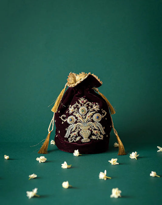 Guldasta medium Zardozi potli bag, featuring intricate gold embroidery with handcrafted floral and bead accents, perfect for elegant occasions