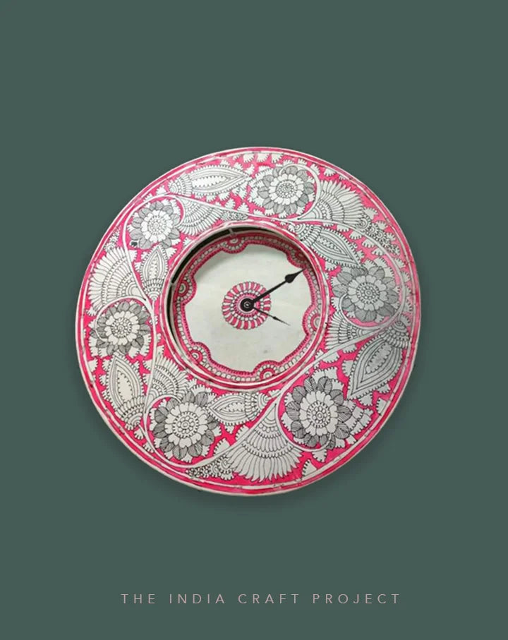 Gulabi Bageecha hand-painted Tholu wall clock with intricate pink floral designs, adding a soft, artisan charm to your space