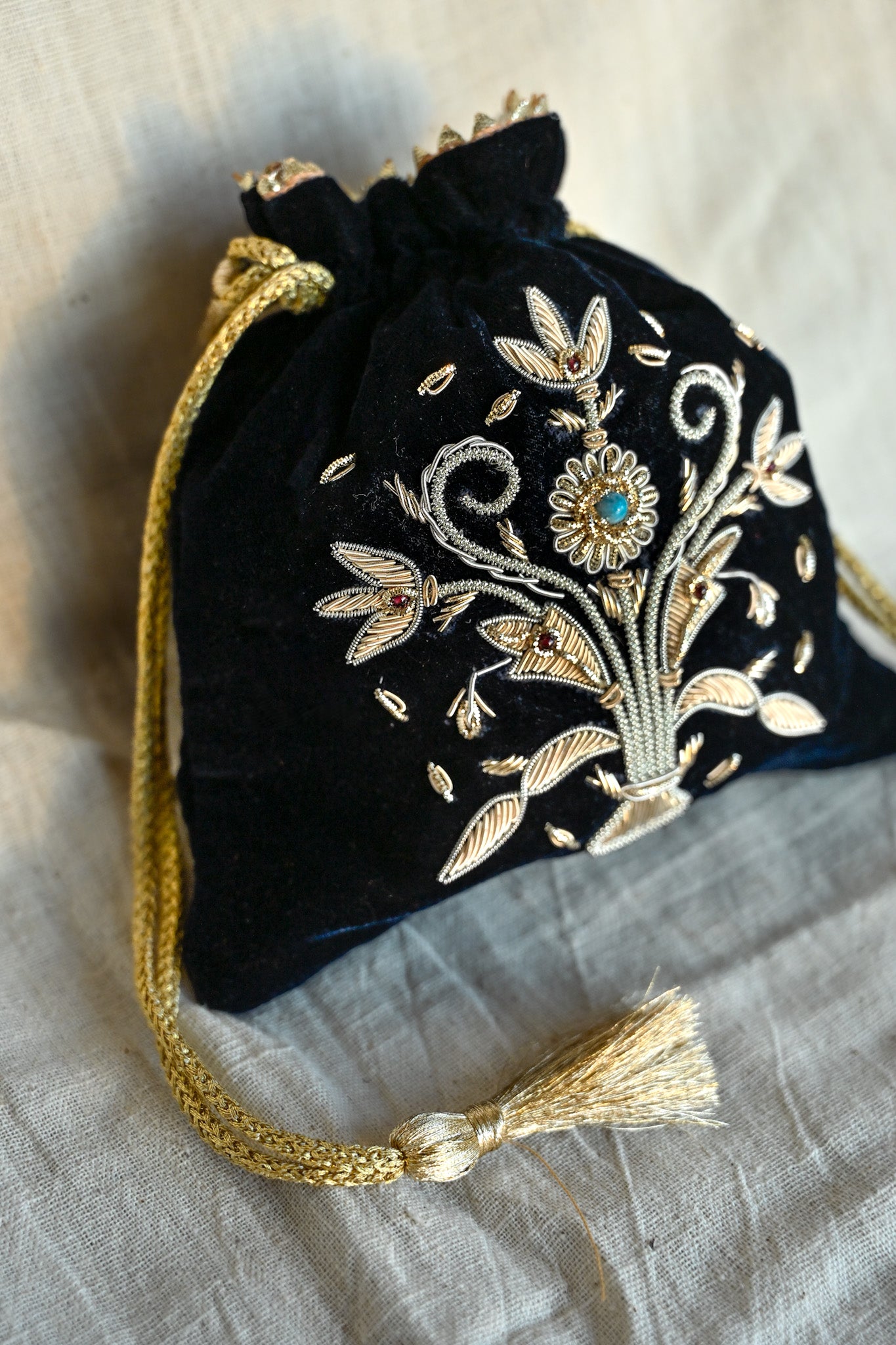 Guldasta Small Zardozi Potli on Velvet | Handcrafted Luxury Bag