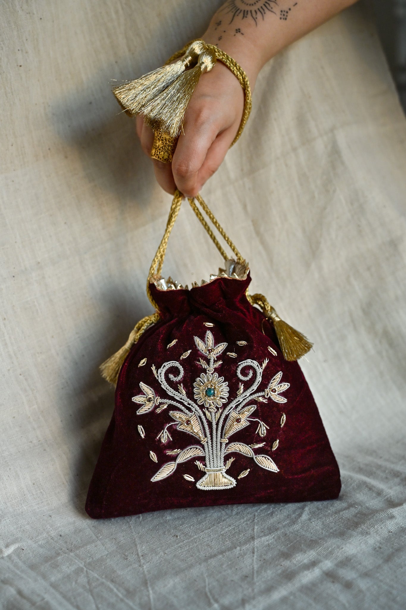 Guldasta Small Zardozi Potli on Velvet | Handcrafted Luxury Bag