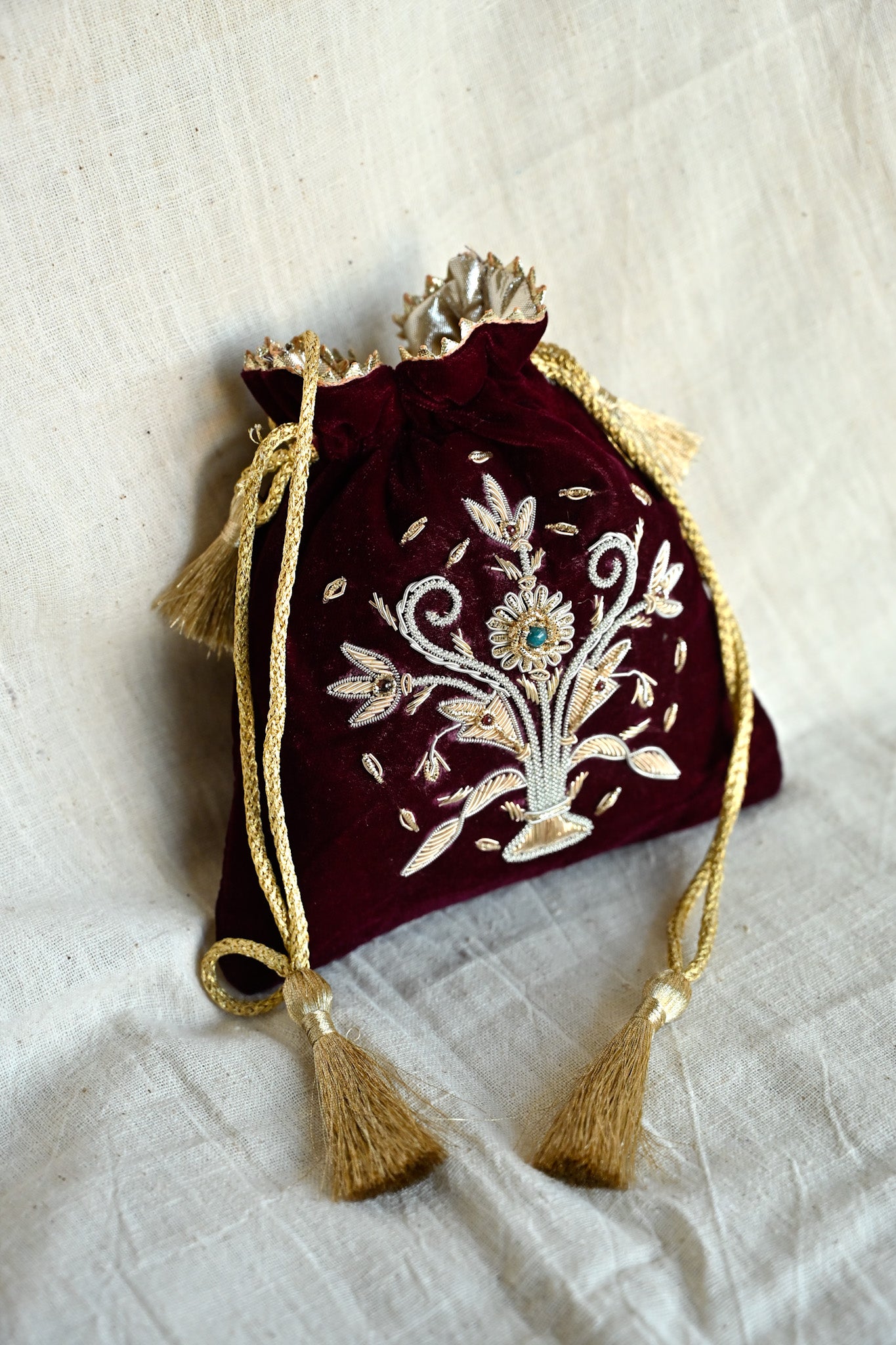 Guldasta Small Zardozi Potli on Velvet | Handcrafted Luxury Bag