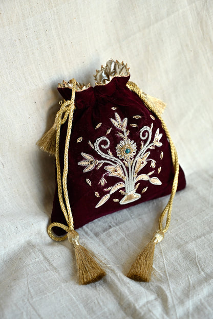 Guldasta Small Zardozi Potli on Velvet | Handcrafted Luxury Bag