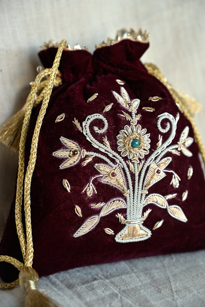 Guldasta Small Zardozi Potli on Velvet | Handcrafted Luxury Bag