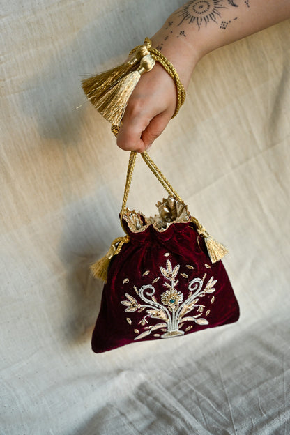 Guldasta Small Zardozi Potli on Velvet | Handcrafted Luxury Bag