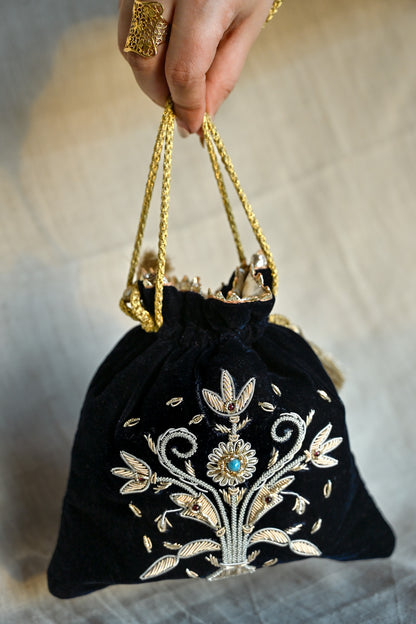 Guldasta Small Zardozi Potli on Velvet | Handcrafted Luxury Bag