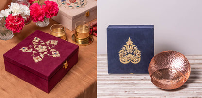Guldasta Zardozi box with curved plates, showcasing intricate gold embroidery and handcrafted detailing, ideal as an elegant gift set