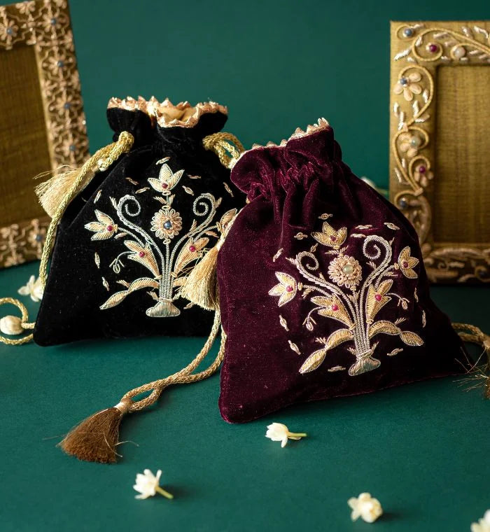 Guldasta medium Zardozi potli bag, featuring intricate gold embroidery with handcrafted floral and bead accents, perfect for elegant occasions