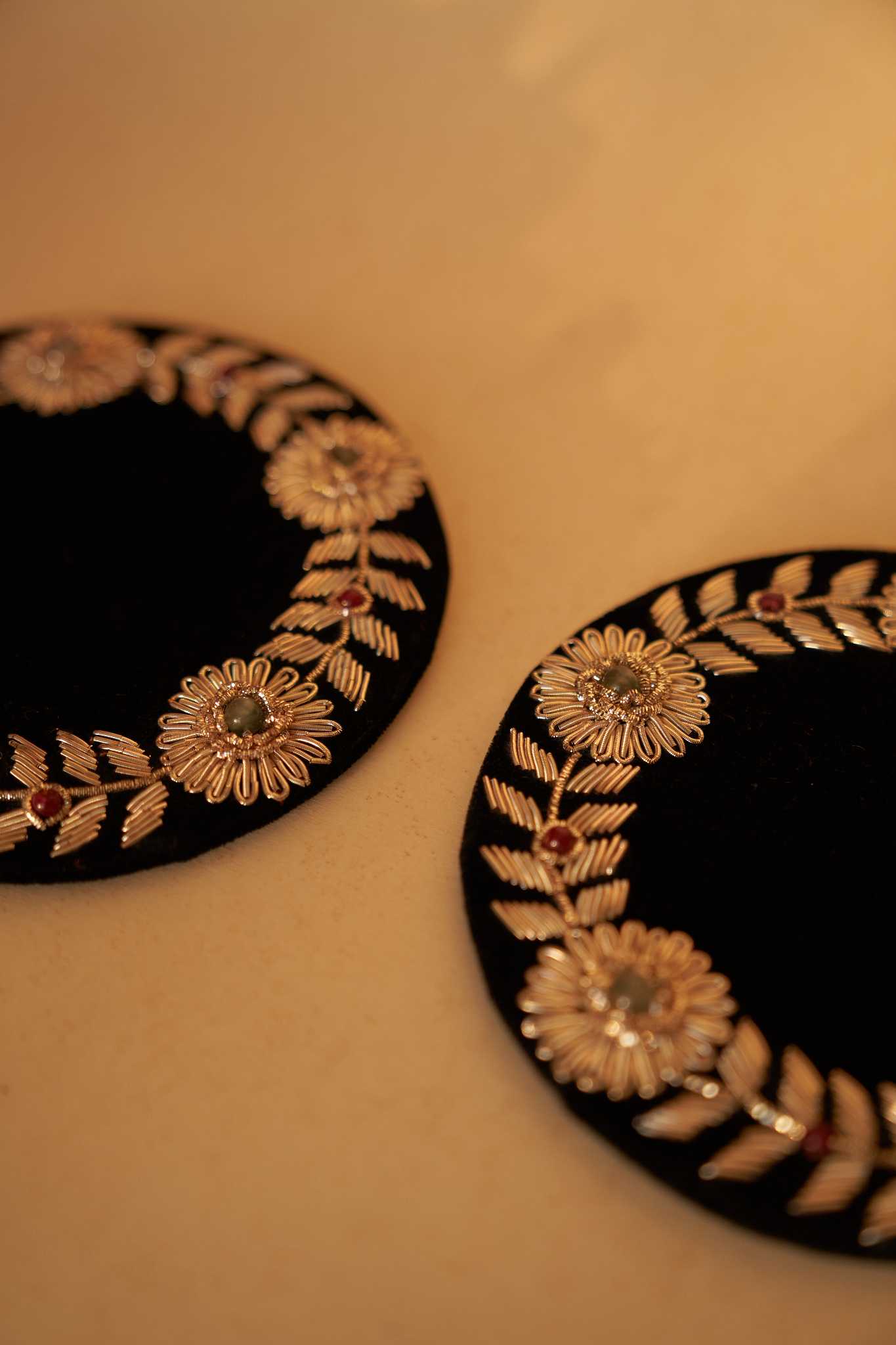 Kusum Zardozi coasters, set of 2, showcasing intricate gold embroidery and handcrafted elegance for drinkware
