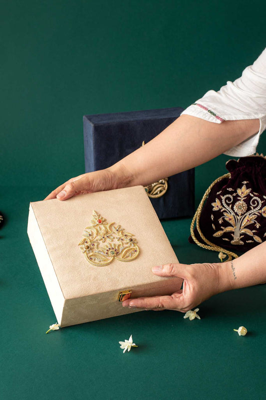 Kali Zardozi burgundy suede box with intricate gold embroidery, offering elegant handcrafted storage